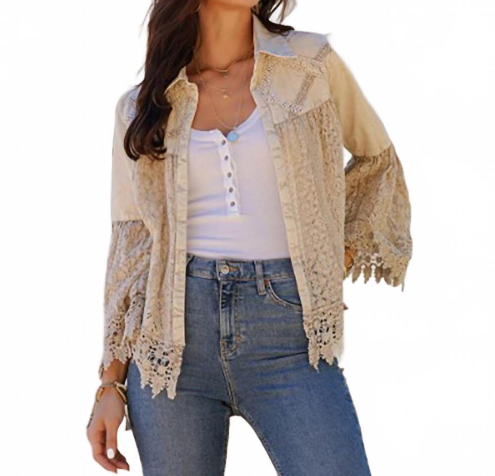 NEW YOUNG THREADS bohemian crochet lace jacket in latte